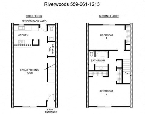 Floor plan for 2 beds, 1.5 baths, 1224 sqft
